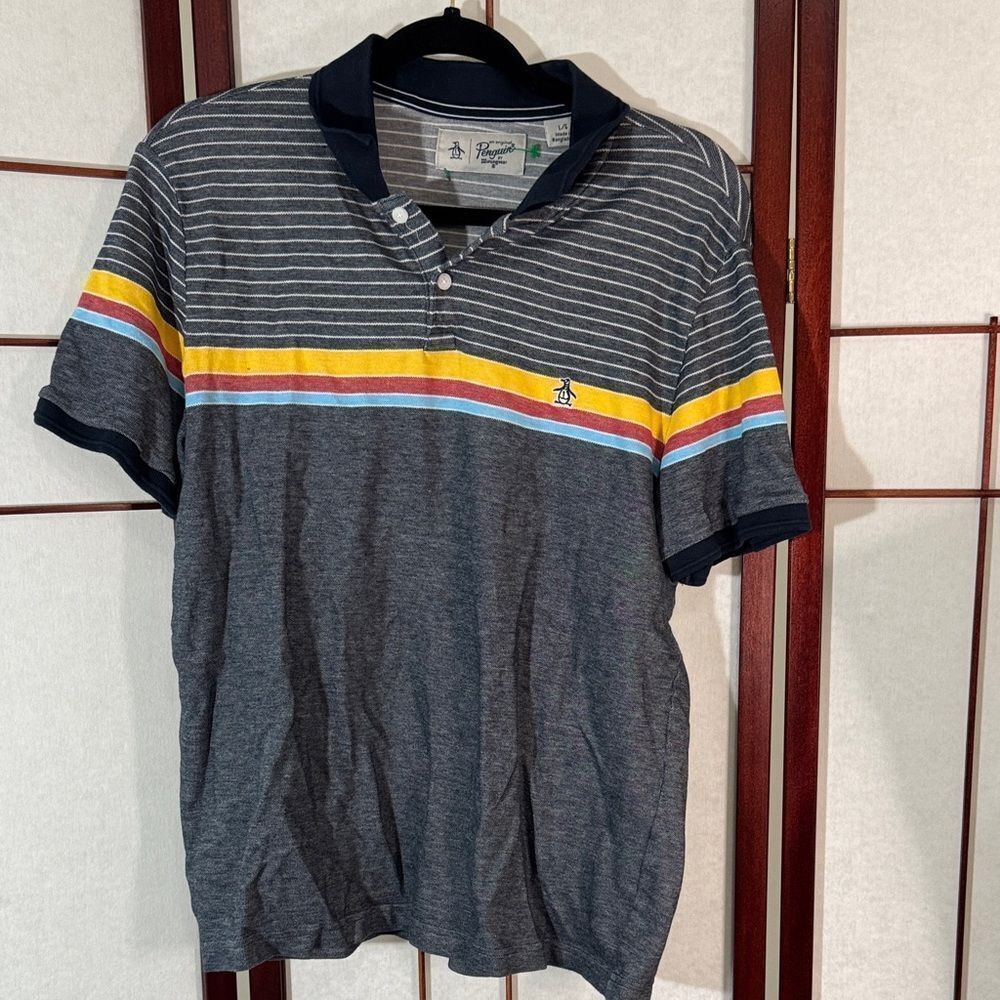 Original Penguin Men's Polo Shirt - Gray with Multicolor Stripes